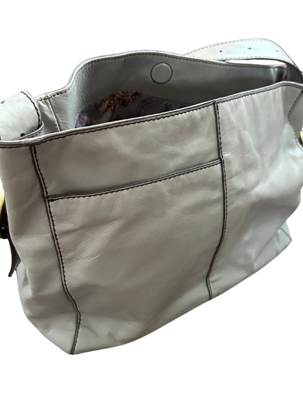 HOBO Leather Shoulder Bag Gray Taupe Floral Lining Brass Hardware - Picture 4 of 7